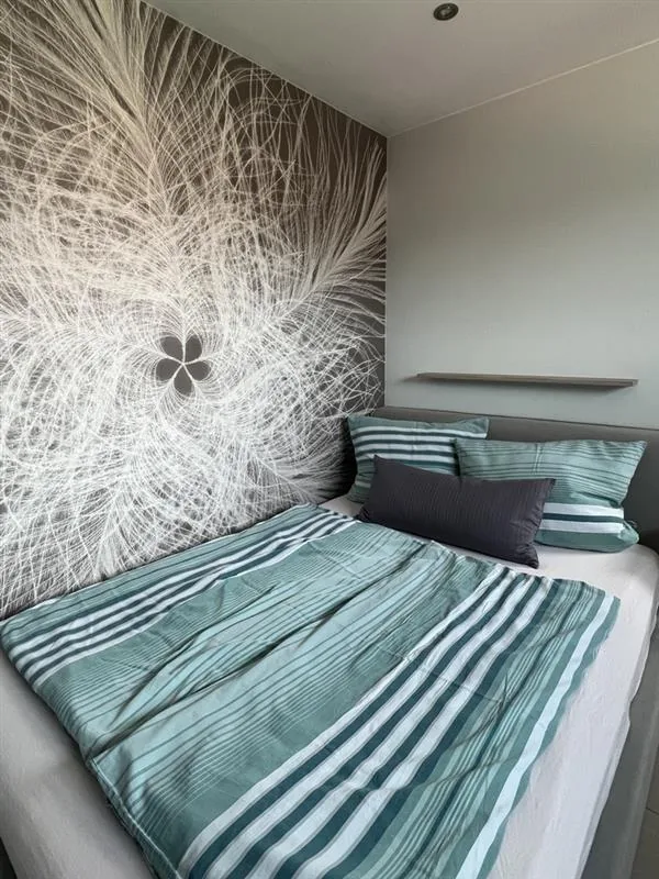 Queensize-Bett mit moderner Fototapete im Deluxe Apartment Eins